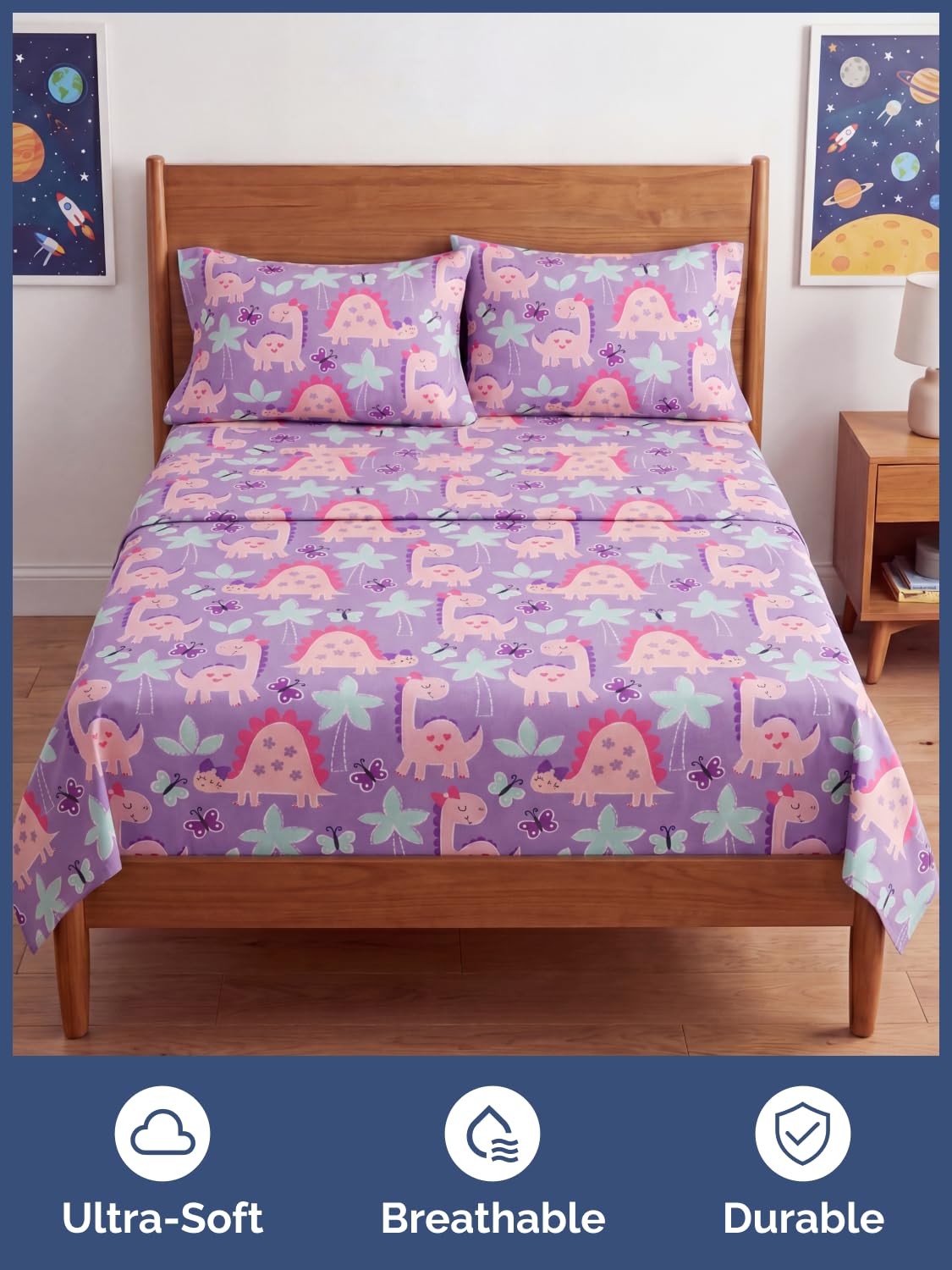CGK Unlimited Kids Pink Dinos Full 4 Piece Sheet Set - Boys, Girls, Teens, Toddler - Easy Fit with Deep Pockets - Soft, Cooling & Breathable Sheets - Cute, Cozy, Fade & Wrinkle Free - Machine Washable