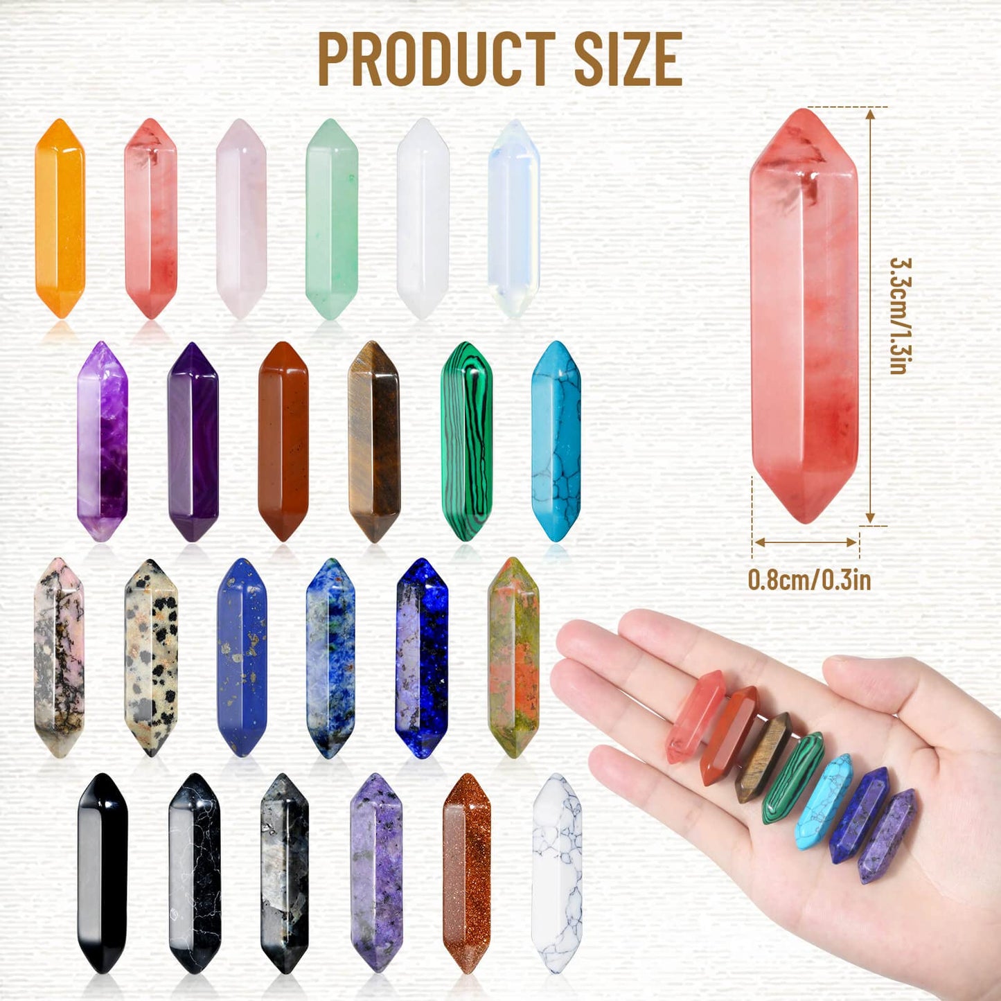 24Pcs Healing Crystals Stones Sets, Hexagonal Bullet Shaped Reiki Meditation Gemstone Chakra Stones Tiger Eye Obsidian Quartz Crystals Gemstone Wand Set Pendants with Storage Box