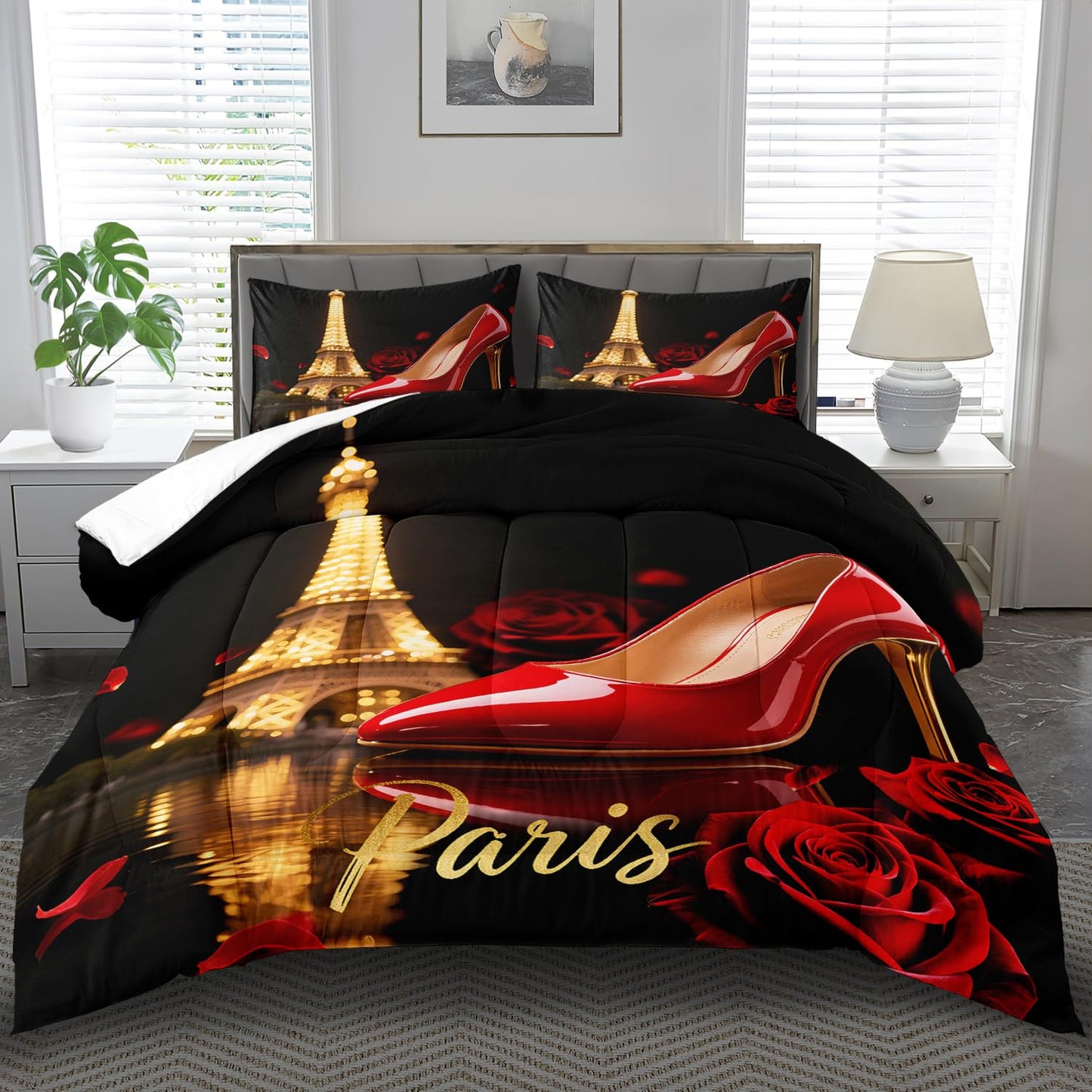 llyxsesty Paris Comforter Set King Women Eiffel Tower Bedding Set for Girls Red High Heels Comforter King Women Quilt Romantic Bedroom Decor Paris Bedding Rose Bed Decor
