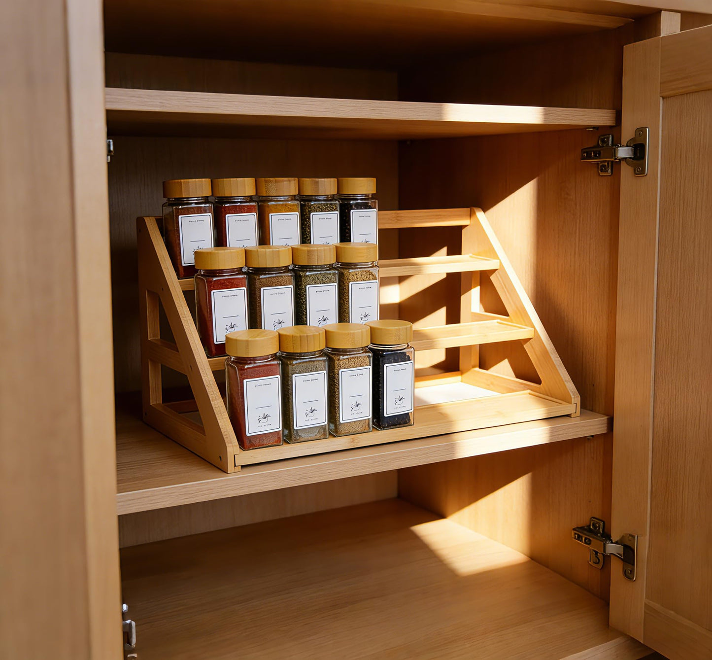 Rasydyn Bamboo Tier Spice Rack Organizer: 17.5 Inch Wide Kitchen Cabinet Countertop Spice Jar Organizer for Home Organization