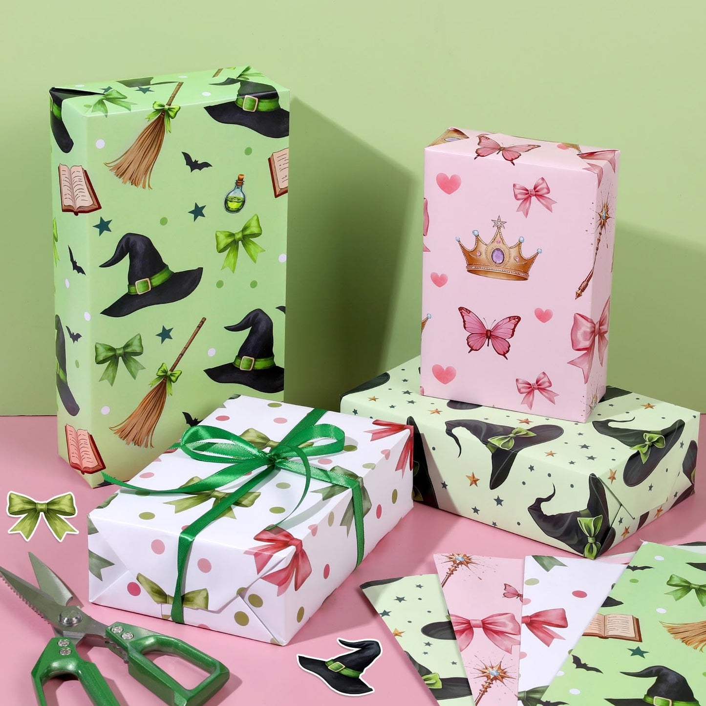 Pineraap 12 Sheets Witch Wrapping Paper, Pink and Green Gift Wrap - Watercolor Bow Crown Witch Hat Broom Print Gift Packing Paper for Girls Women Birthday Princess Themed Party, 19.7 x 27.6 Inch