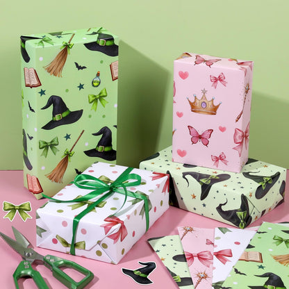 Pineraap 12 Sheets Witch Wrapping Paper, Pink and Green Gift Wrap - Watercolor Bow Crown Witch Hat Broom Print Gift Packing Paper for Girls Women Birthday Princess Themed Party, 19.7 x 27.6 Inch