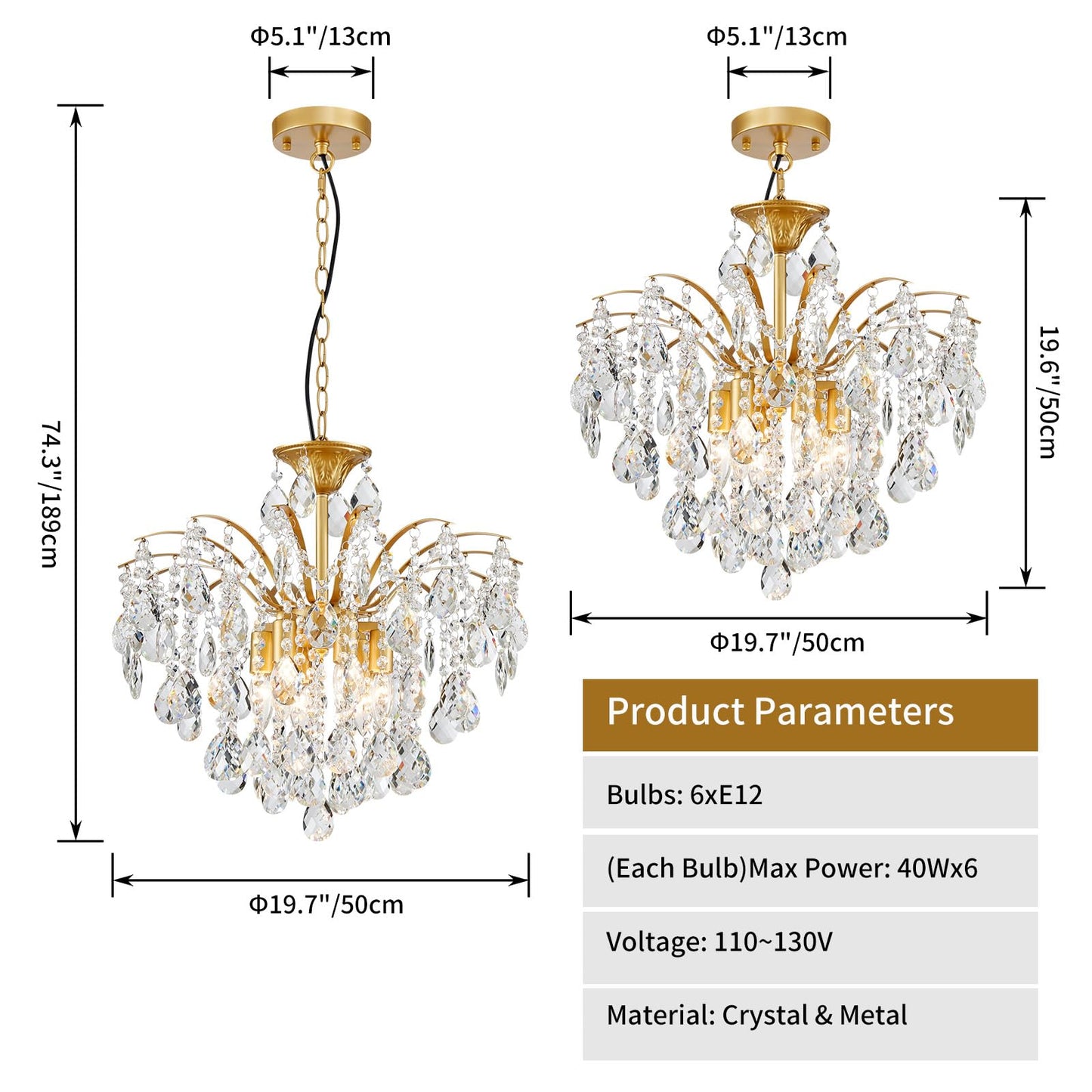 FashEase K9 Crystal Chandeliers, Mid-Century Modern Style for Living Room, Bedroom, Dining Room, D20in x 20-70in Adjustable Height, Gold Finish