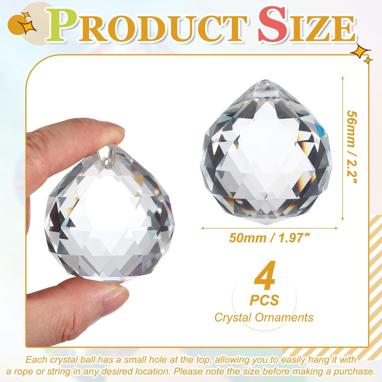 YELARXI Crystal Ball Prisms, Sun Catcher Hanging Prism Sun Catcher Pendant 56mm / 2.2Inch & 4 Pack & Clear-Fitting for (Outdoor/Indoor/Windows/DIY Decor/Feng Shui/Chandelier)