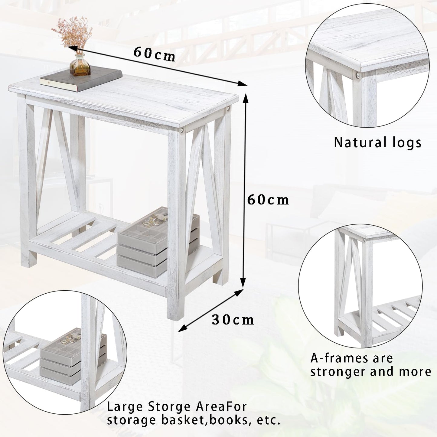 FEUFOAM Farmhouse Narrow End Table Wooden Rustic White Side Tables with Storage Shelves Narrow Sofa Table for Small Spaces Living Room Bedroom Bathroom Dorm