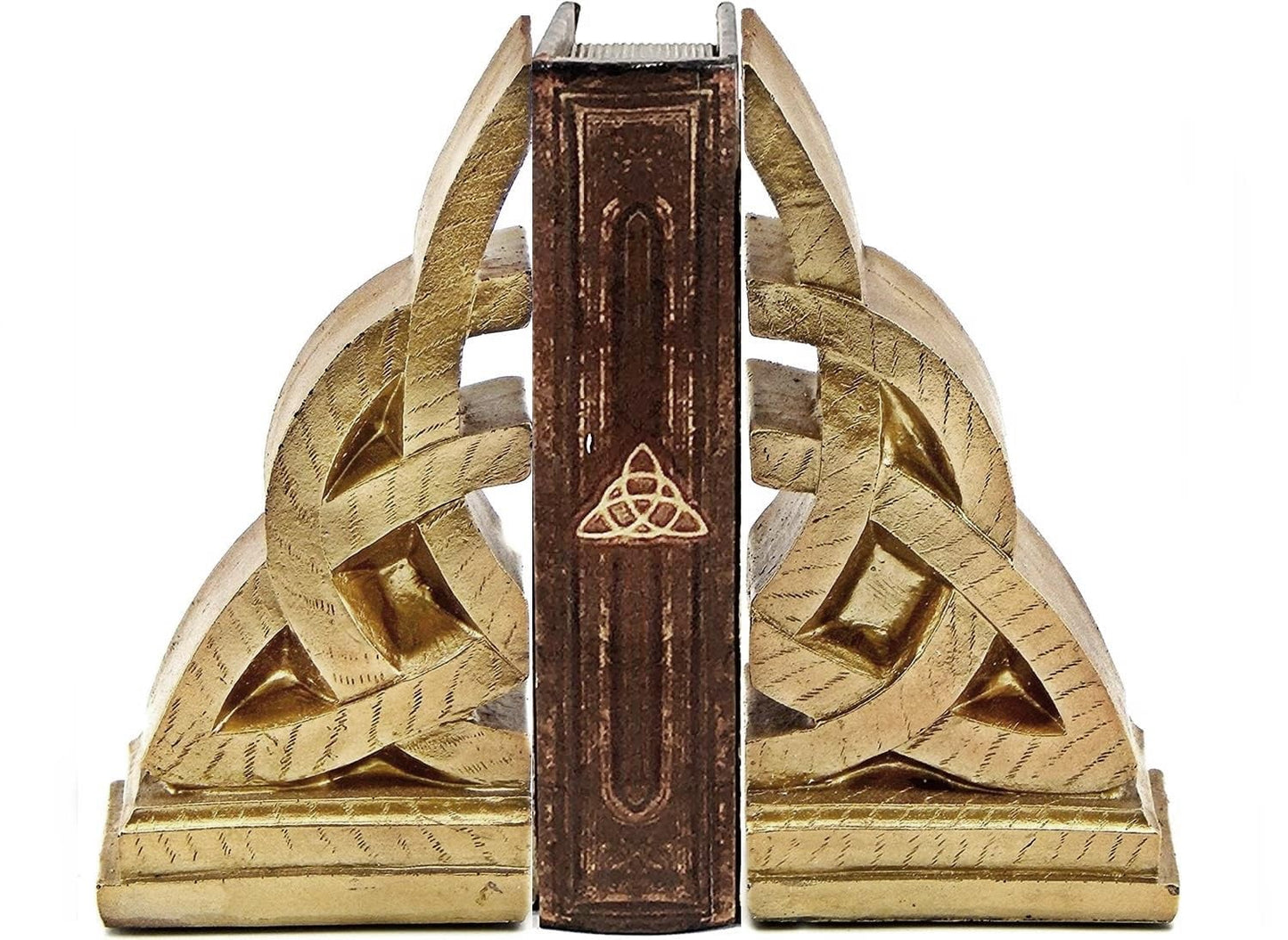 Bellaa 21787 Decorative Bookends Golden Celtic Knot Triquetra Irish Theme Mystical Design Endless Celts Symbol 8 Inch Polyresin
