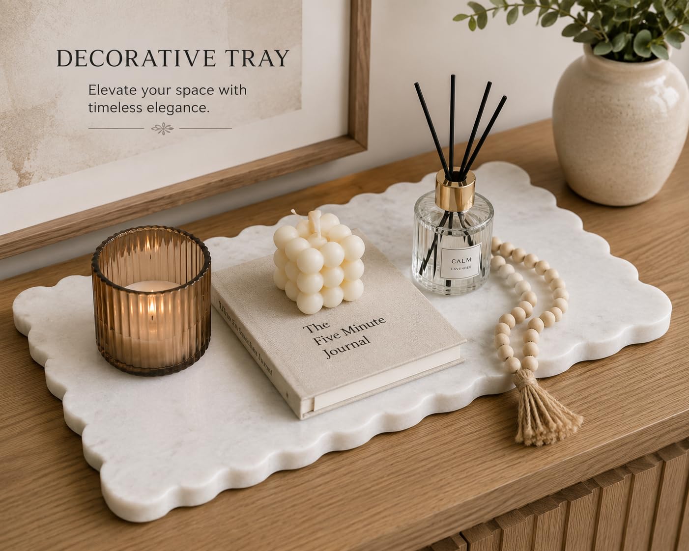 Natural Multi-Purpose Marble Charcuterie & Cutting Board with Scalloped Edge Chopping Board Decorative Vanity Bathroom Kitchen Tray Non-Slip Bumper Scratch Proof Home Decor Perfume Display 12"x6"