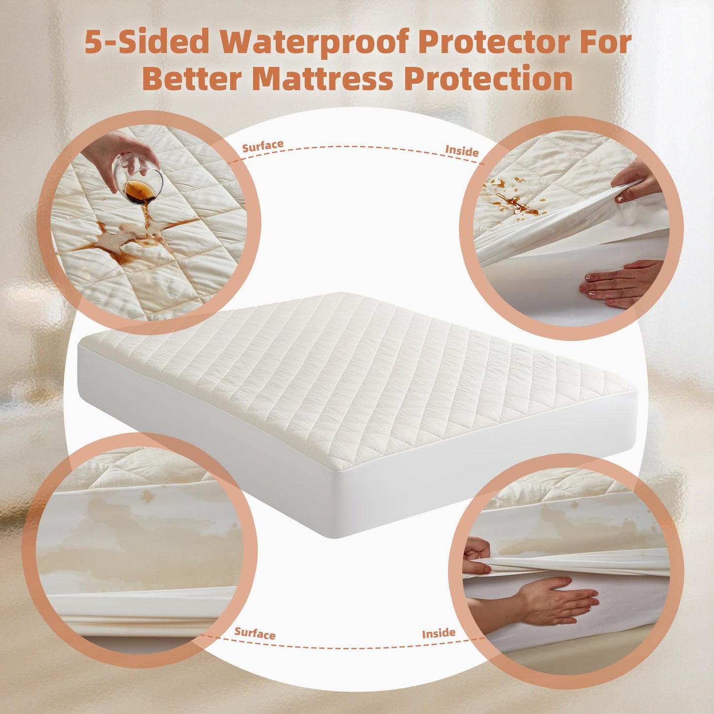 Lofe Organic Queen Mattres Protectors - Top&Side 100% Waterproof Mattress Protectors, Breathable Organic Mattress Protector, Noiseless Queen Mattress Protector Waterproof 80x60x17 in