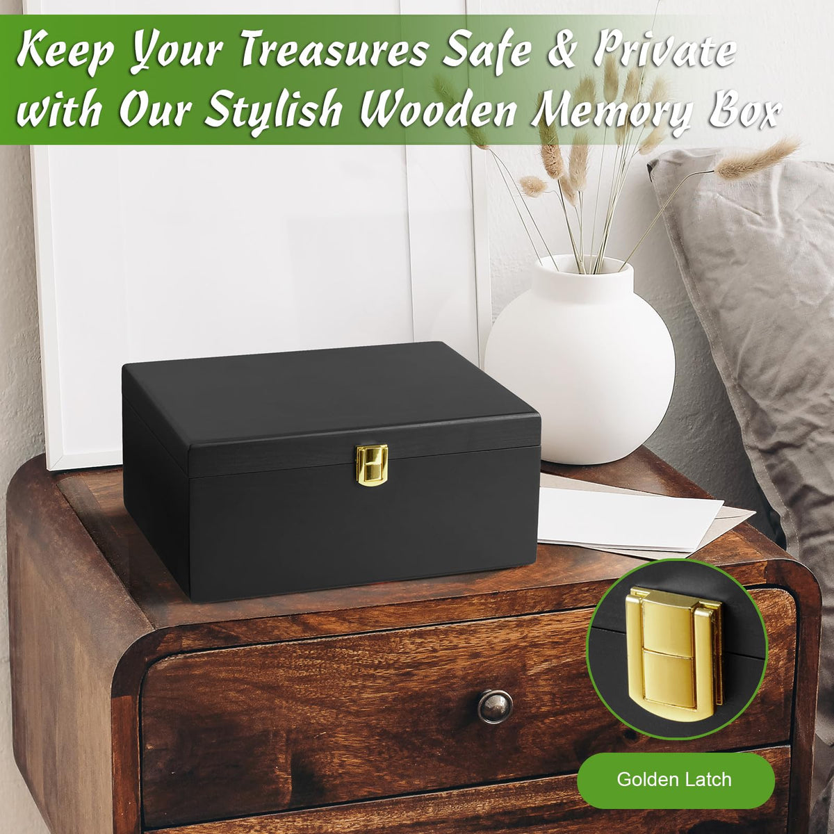 DRASTAR Large Wooden Keepsake Box, Black Memory Box, Decorative Storage Box with Hinged Lid, Large Card Box