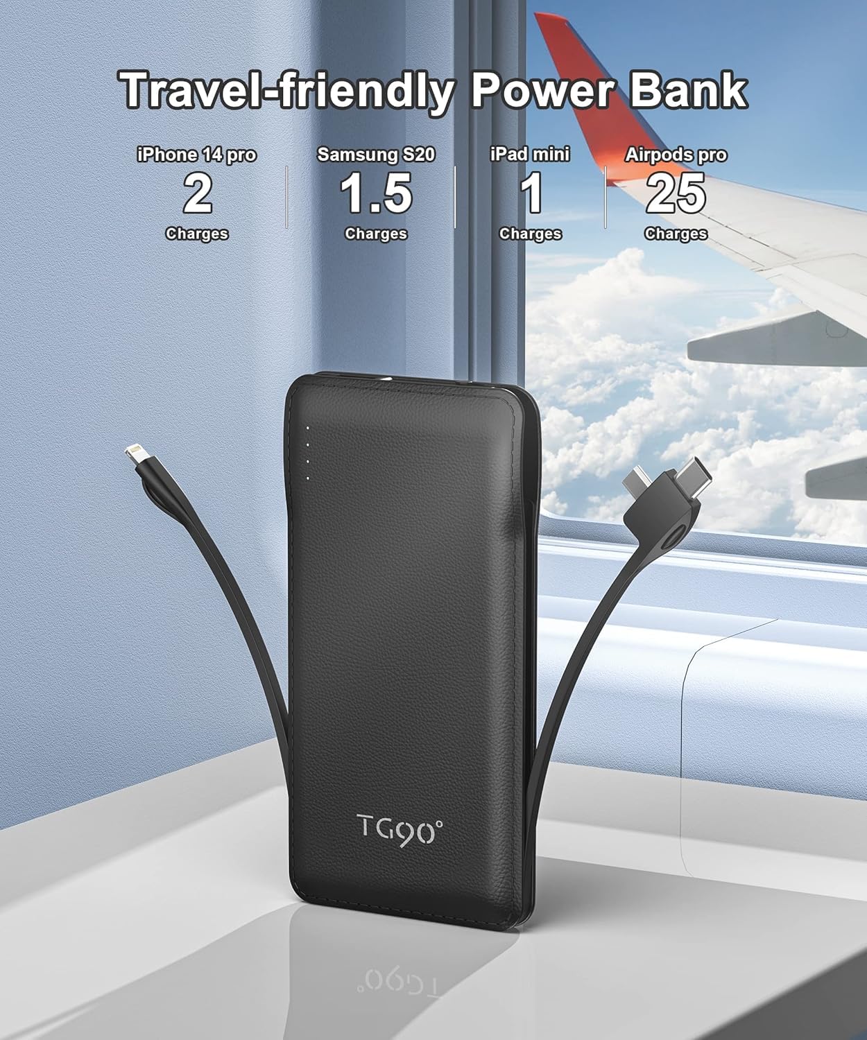 TG90° Portable Charger 10000mah Cell Phone Battery Backup, Ultra Slim Power Bank with Built in Lightning and USB-C Cable, Portable Phone Charger Battery Packs Compatible with iPhone Android Phones