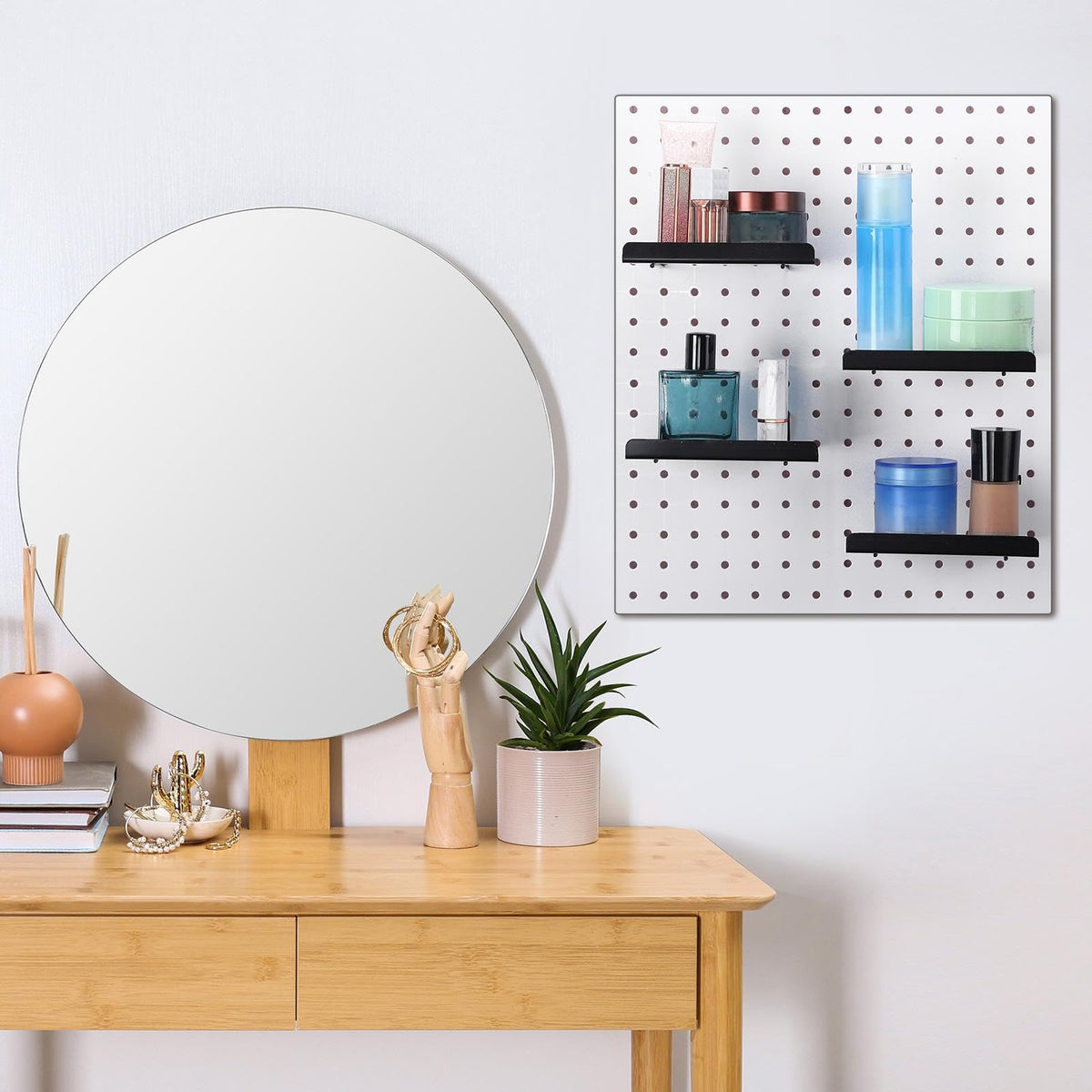 Coume 4 Pack Pegboard Shelves Wall Organizer Peg Board Shelf Brackets Steel Tray Pegboard Accessories Organizing Tools for Craft Room Home Garage Nursery Workbench Kitchen, Black, 5.91 x 4.72 Inch