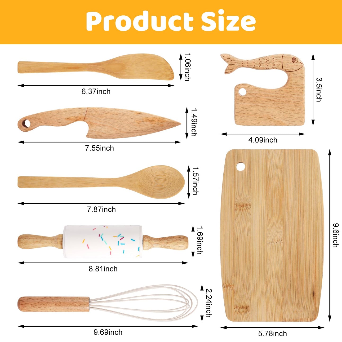 HEQU 7 Pieces Wooden Kids Knife Toddler Knife Set Toddler Cutting Board And Knife Set for Real Cooking Kitchen Tools for Toddlers for Cutting Veggies Fruits Salad Cake