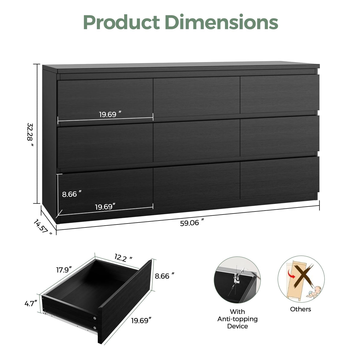 Jocoevol Modern Black 9 Drawer Dresser for Bedroom, Simply Chest of Drawers, Wood Storage Dresser with Deep Drawers for Living Room Hallway Entryway (Black)