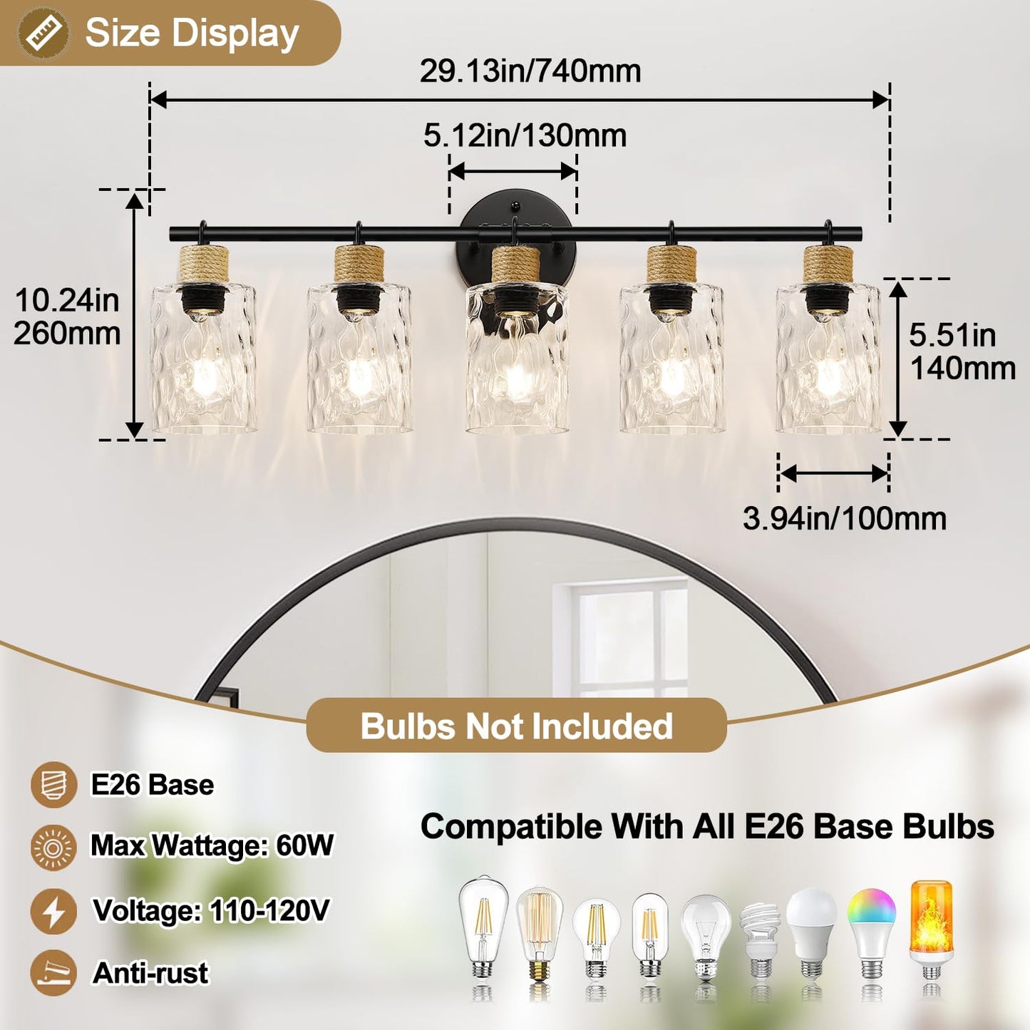 MOKATNG Bathroom Light Fixtures, 5-Light Coastal Vanity Lights with Crystal Glass Shade, Black Bathroom Wall Lamp for Mirror Kitchen Hallway Cabinet