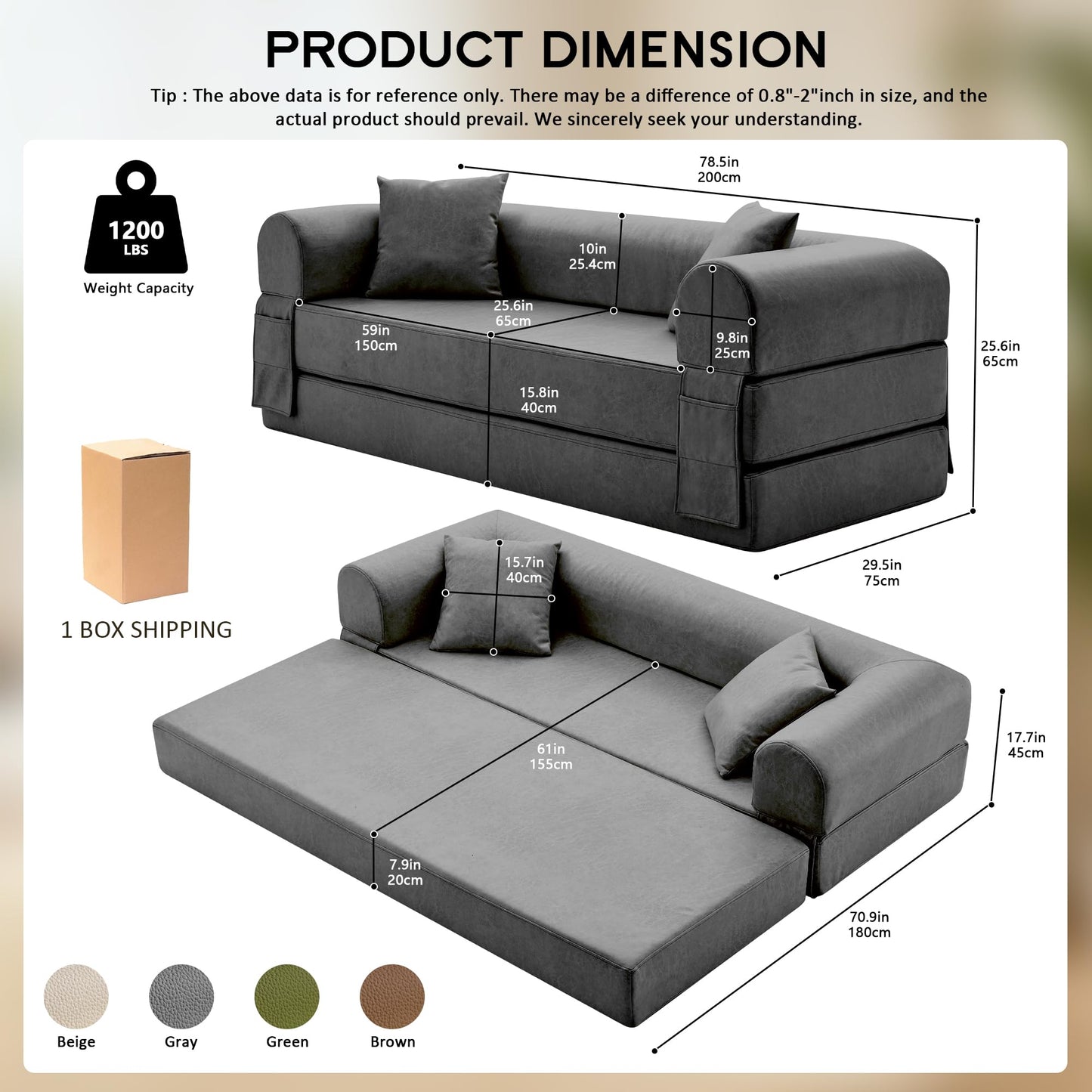 78.5" Convertible Sleeper Sofa Bed, Faux Leather Deep Seat Folding Floor Sofa with Pullout Bed & 2 Pillows, No Assembly Modern Boneless Couch Compression Sofa in Box for Living Room, Office, Gray