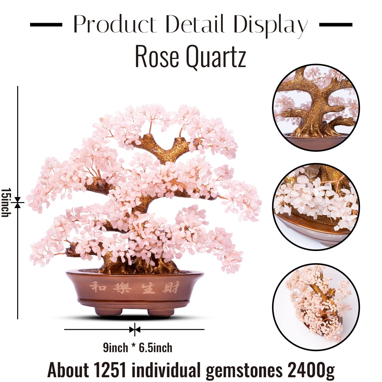 GEMBOURY Natural Rose Quartz Tree Large,14" Chakra Crystal Tree(1,251 Gemstone Count) w/Lucky Coins Chain Healing Properties - Bonsai Feng Shui Money Tree for Love Self Care Home Office Decoration