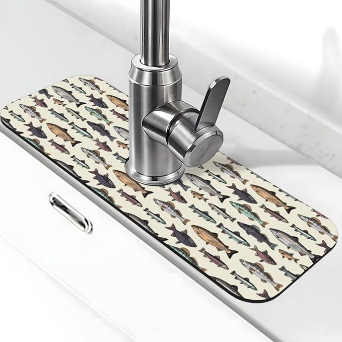 Vintage Bass Fish Bait Fishing Kitchen Sink Splash Guard Faucet Mat 1 Pcs