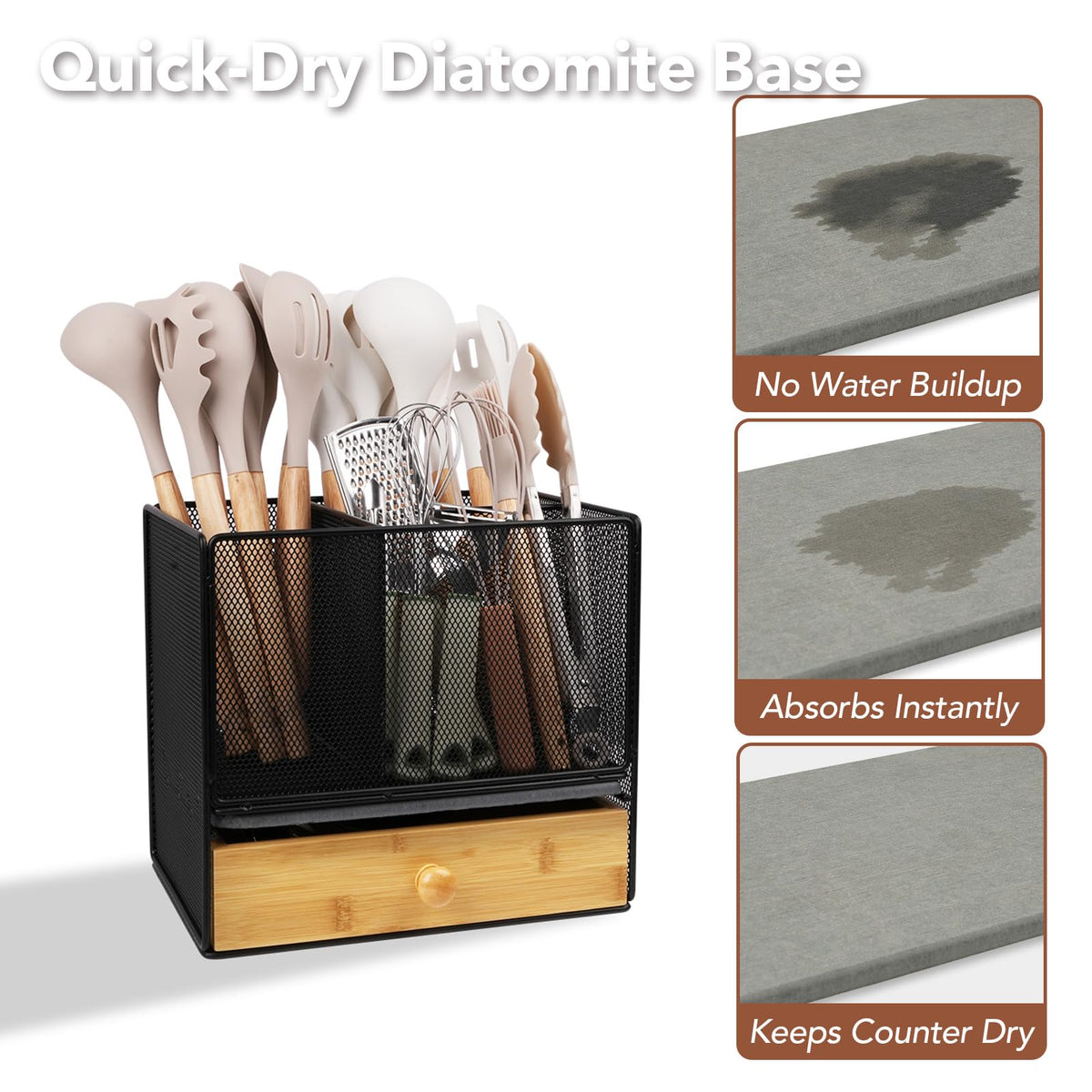 Kitchen Utensil Holder Countertop, Extra Large Utensil Organizer with Drawer, 2-Tier Utensil & Silverware Organizer for Kitchen Counter, Cooking Utensil Cutlery Caddy, Quick Dry Diatomite Base