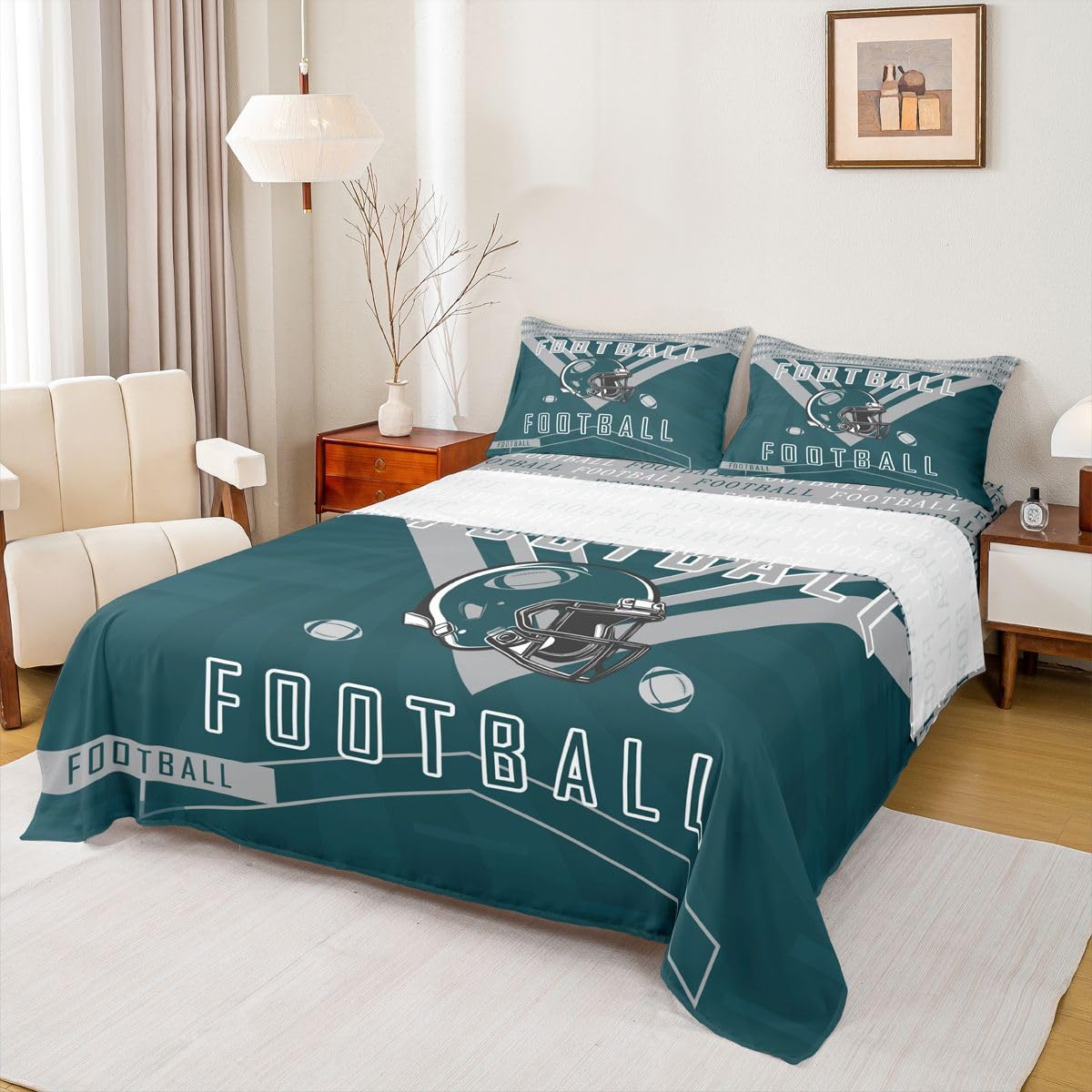 Feelyou Football Bed Sheets Set Boys Girls Twin Size Fitted Sheet Rugby Sports Football City Bedding Set for Boys Kids Teen