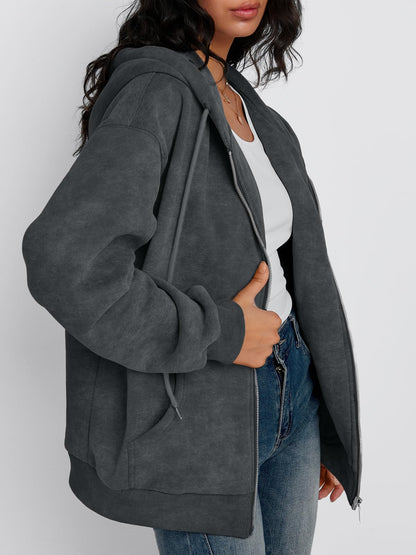 Trendy Queen Zip Up Hoodies for Women Acid Wash Oversized Sweatshirt Fall Fashion Jacket Cute Y2k Winter teen girls pullover Grey M