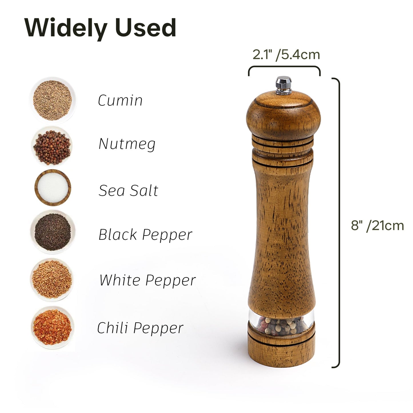 M JINGMEI Wood Salt and Pepper Grinder, Salt Grinder and Pepper Mill, Oak Wood Shakers with Adjustable Ceramic Grinders - 8 inches, 1 Pack