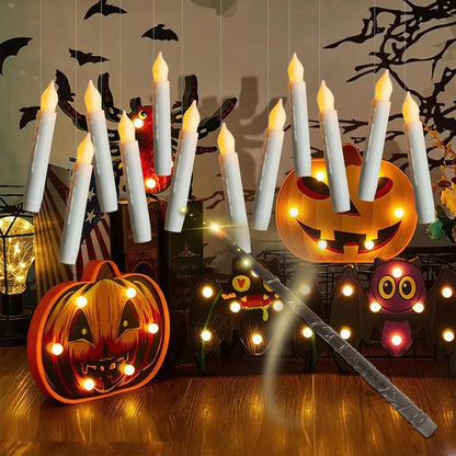 MUMCHASI 12 Packs Flameless Floating Candles with Wand, Flameless Taper Candles, Battery Operated Candles, Flickering LED Candlesticks with Remote for Fall Halloween Party Decor Birthday
