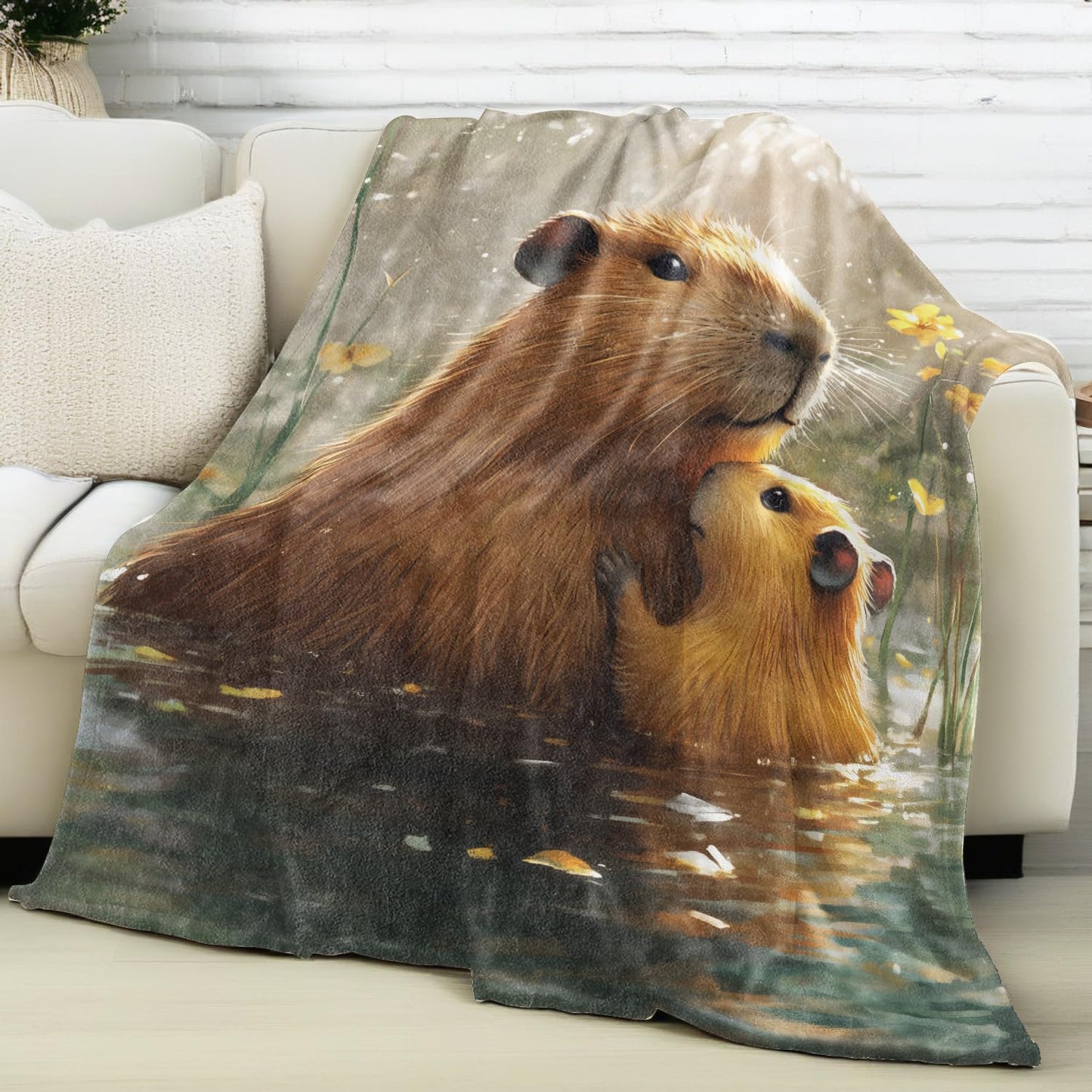 vnlvnl Cute Capybara Blanket Lightweight Flannel Blankets Gifts for Animal Lovers with Sunshine and Flower in Pond Printed Throw for Couch Chair Office Bedroom Spring Summer Decor, 60x50inch