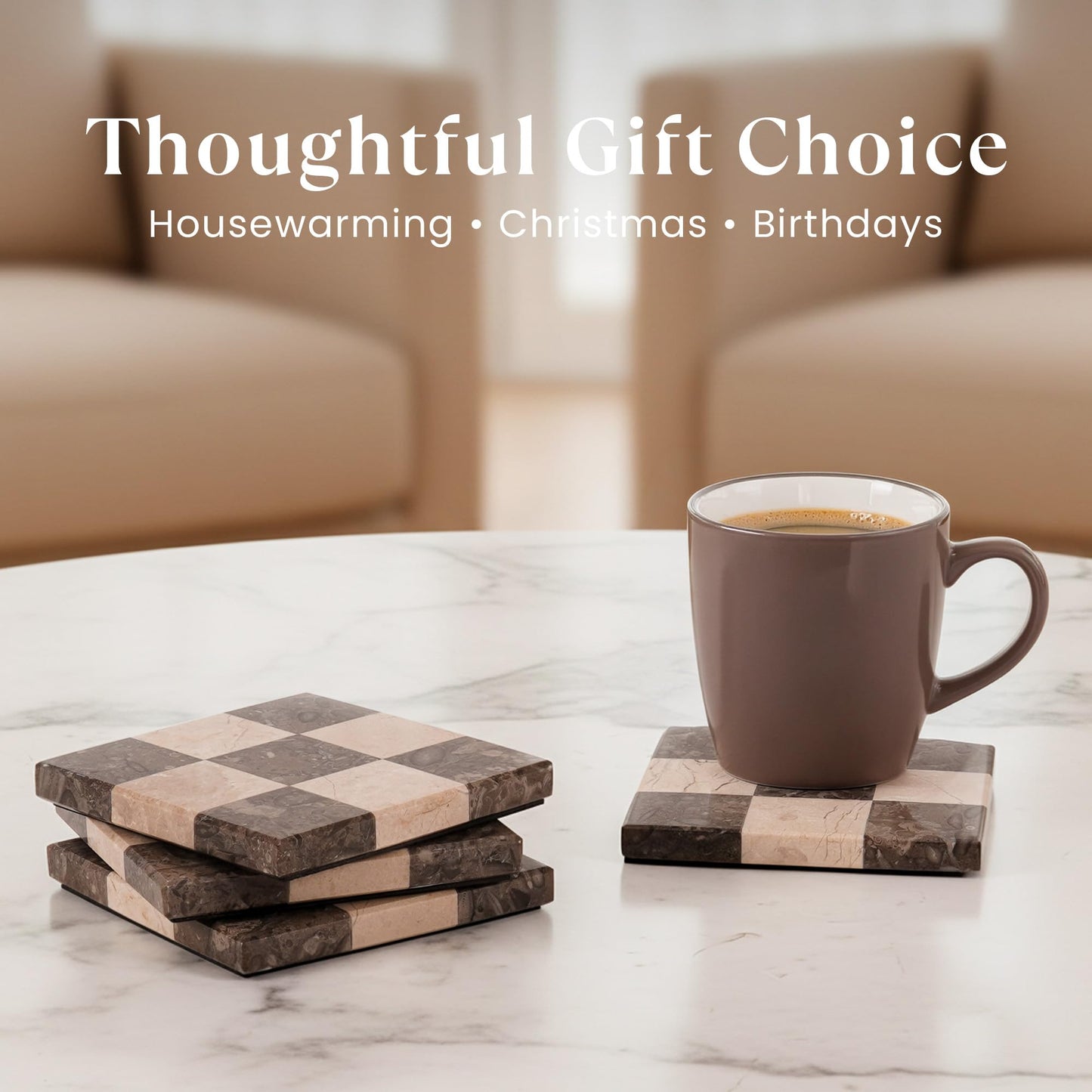 EarthenTones Marble Coasters Set of 4, Oceanic & Verona Handmade 4 inch Square Stone Coaster, Decorative Checkered Cup Coaster for Coffee Table, Housewarming Gift & Luxury Kitchen Accessories