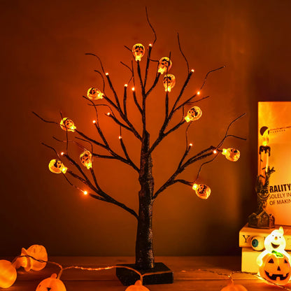ZHOUDUIDUI 2Pack Halloween Tree, Black Spooky Tree with 24LED Orange Lights and 10 Pumpkin Ornaments Battery Powered 18IN Lighted Halloween Bonsai Tree for Indoor Tabletop Halloween Party Decoration
