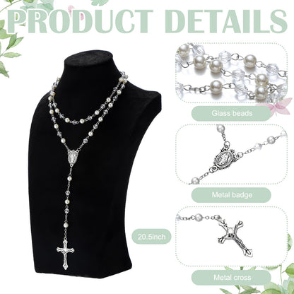 Liliaafar First Communion Rosary Beads Necklace Gifts with Engraved Keepsake Gift Box 20.5 Inch Stainless Steel Glass Beads Catholic Rosary with Cross for First Holy Communion