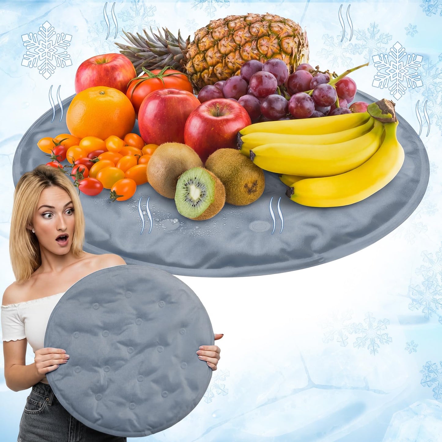 Reallnaive 2 Pcs Reusable Freezable Ice Mat Buffet Chilled Serving Tray 15.7'' Round Charcuterie Chilling Mat PVC Foldable Cooling Charcuterie Cooler for Food Cheese Picnics Party(Grey,Classic)