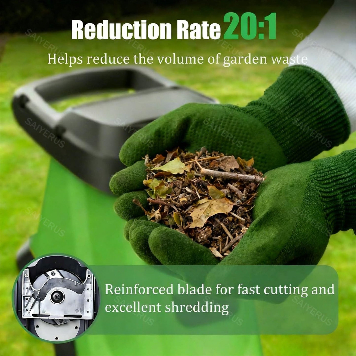 SAIYERUS Wood Chipper, 2400W 1.6" Cutting Diameter Electric Wood Chipper & Shredder with 50L Collection Bag, Efficient Mulcher for Easy Cleanup and Ideal for Yard Waste, Branches, and Leaves