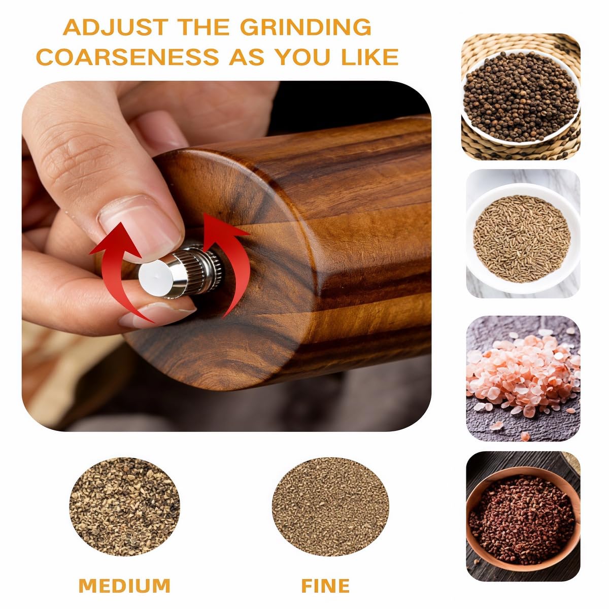 Wooden Salt and Pepper Grinder Set with Tray, 8 Inch Manual Mills, Adjustable Coarseness & Refillable, Gold Bottle Label, Natural Wood for Kitchen, Home, Christmas Gift