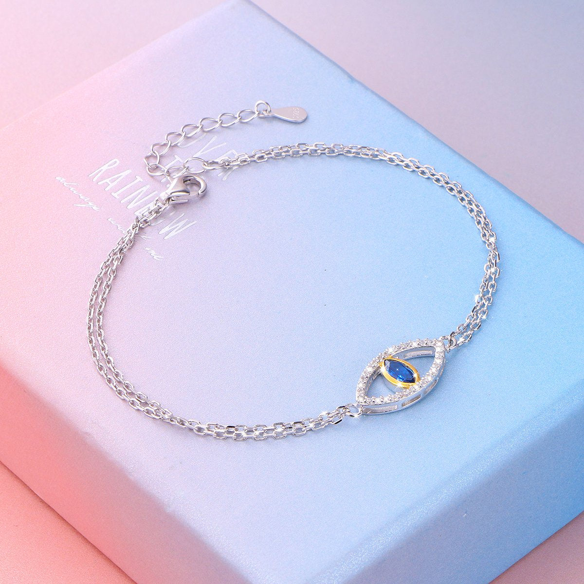 DAOCHONG 925 Sterling Silver Double Strand Cubic Zirconia Evil Eye Bracelet Protection Jewelry For Women (Blue)