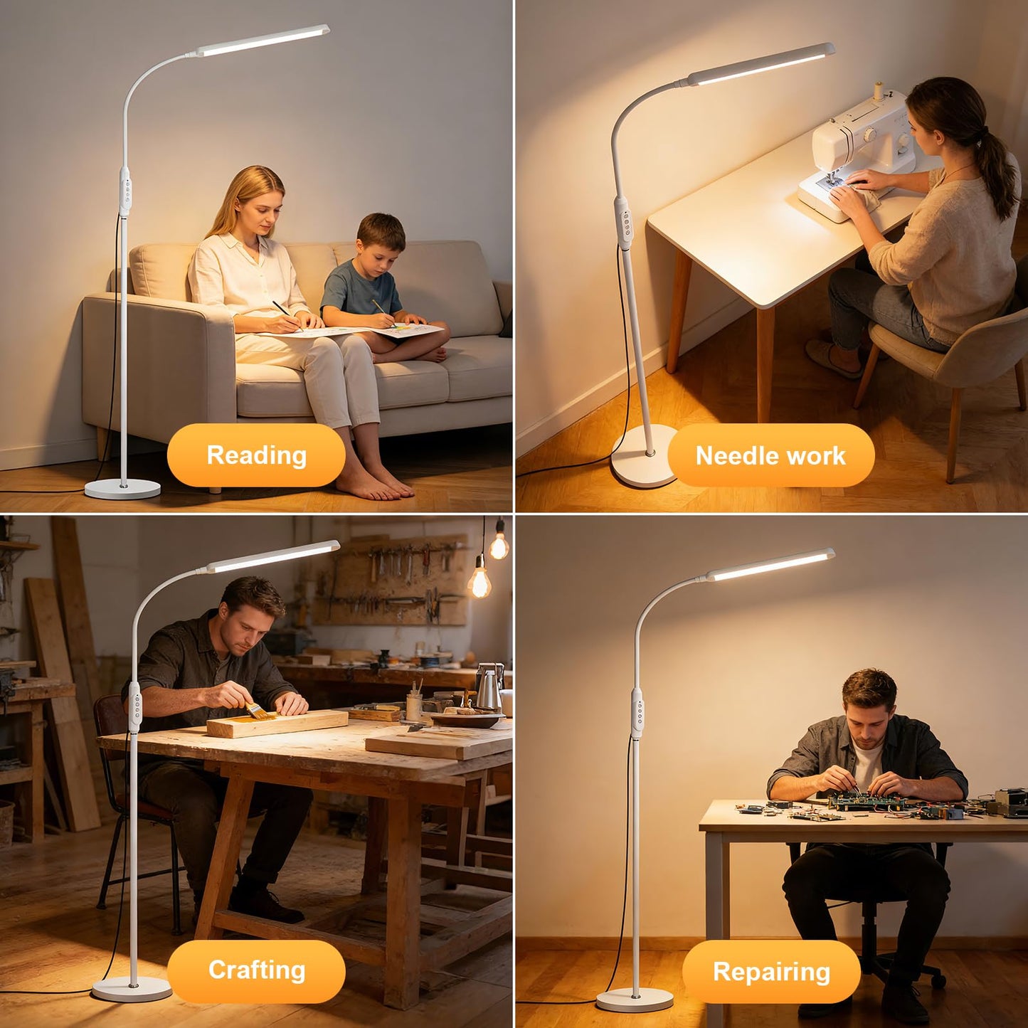 Bright LED Eye-Protecting Reading Floor Lamps with Touch and Remote Dimming 3000-6000k for Eyelash Manicure Craft Drawing Makeup Living Room Bedroom Office, Adjustable Gooseneck Modern Standing Light