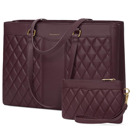 RAINSMORE Laptop Bag for Women 15.6 Inch Work Tote Bags Leather Laptop Tote Professional Laptop Purse Computer Handbag Womens Briefcase Tote with Clutch for Teacher Office Travel, Dark Purple