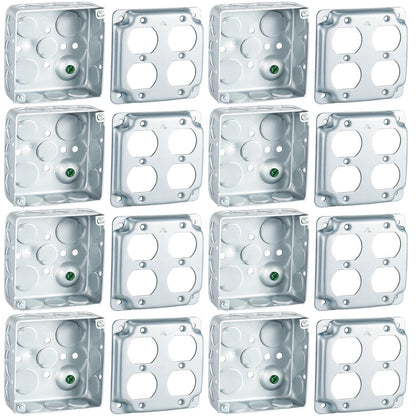 Copkim 8 Set 4 × 4" Electrical Junction Box with Cover Electrical Metal Outlet Box, 21.0 Cu. in. Capacity Receptacle Exposed Work Cover, 1-1/2'' Deep (Double Duplex Receptacle)