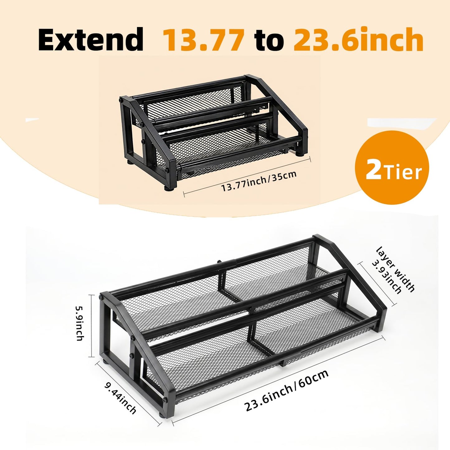 Lesmery 2 Tier Expandable Spice Rack Organizer for Kitchen Cabinet,13.7"-23.6" Heavy Duty Spice Organization Shelf,Metal Pantry Storage Shelves Racks,Good Space for Pantry, Counter top,Patent Pending