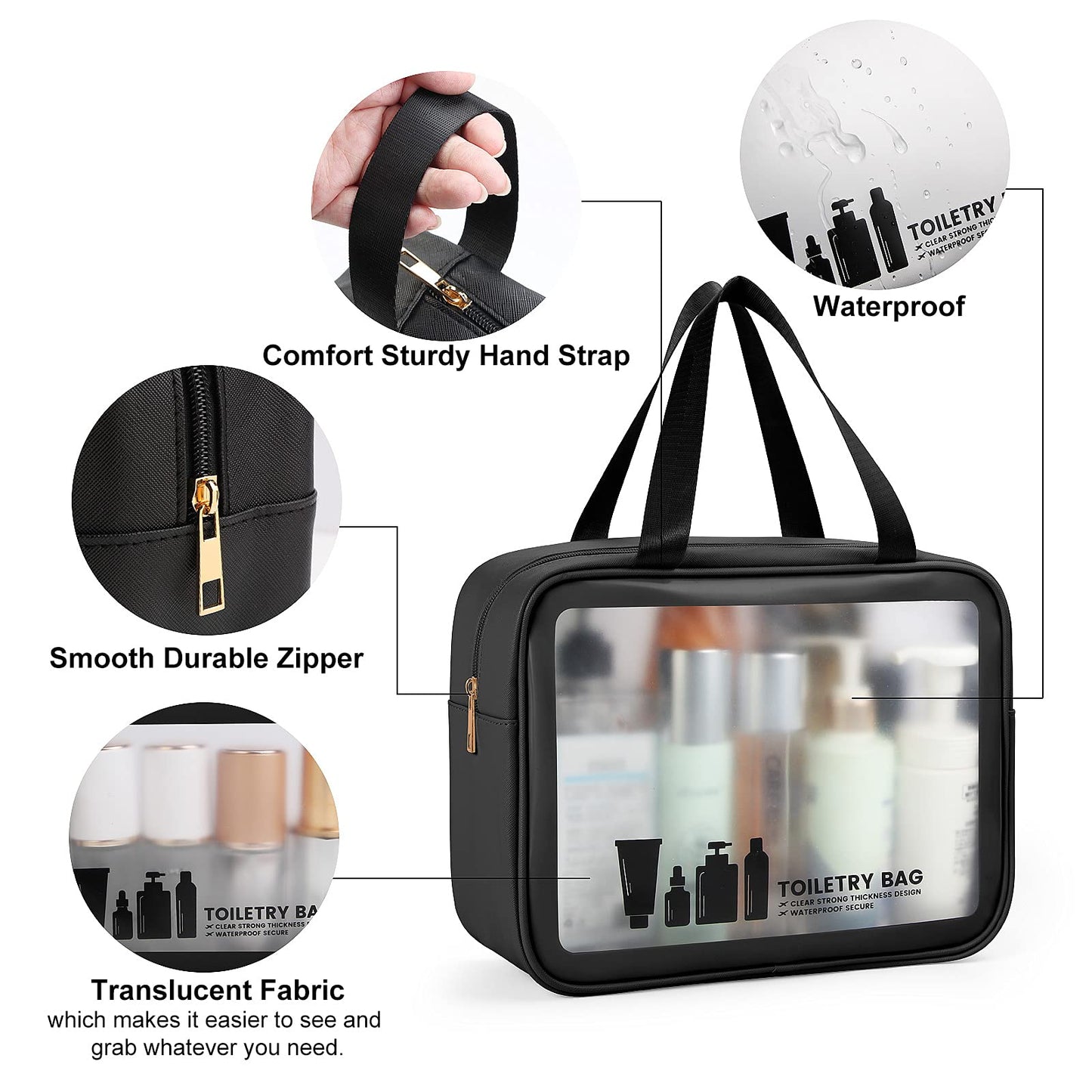 Toiletry Bag MAANGE 3 PCS Clear Travel Toiletries Bag Wash Bag Translucent PVC Waterproof Makeup Bag with Zipper Toiletry Bags for Women Men(Black)