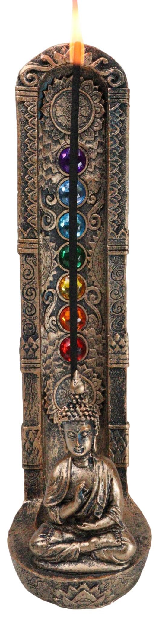 Ebros Gift Ohm Meditating Buddha Gautama with Mandala and Rainbow 7 Chakra Zone Colors Gems Pillar Incense Stick Burner Figurine Feng Shui Zen Yoga Eastern Enlightenment Accent