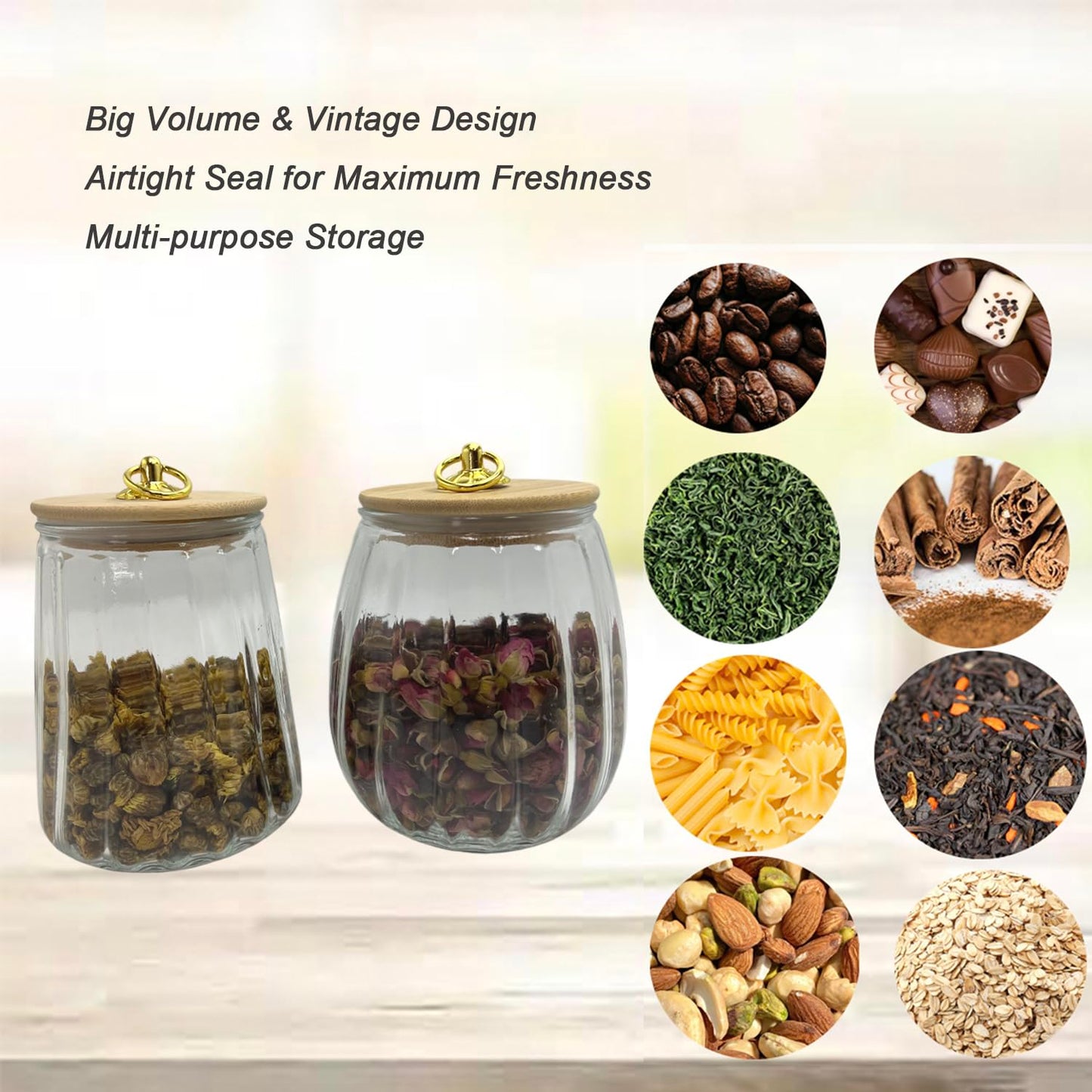 BEECO GIF2U Glass Airtight Storage Jars with Spoons,Bamboo Lid Canister for Foods,Decorative Container with Metal Handle Easy to Grasp 2Pack Oval