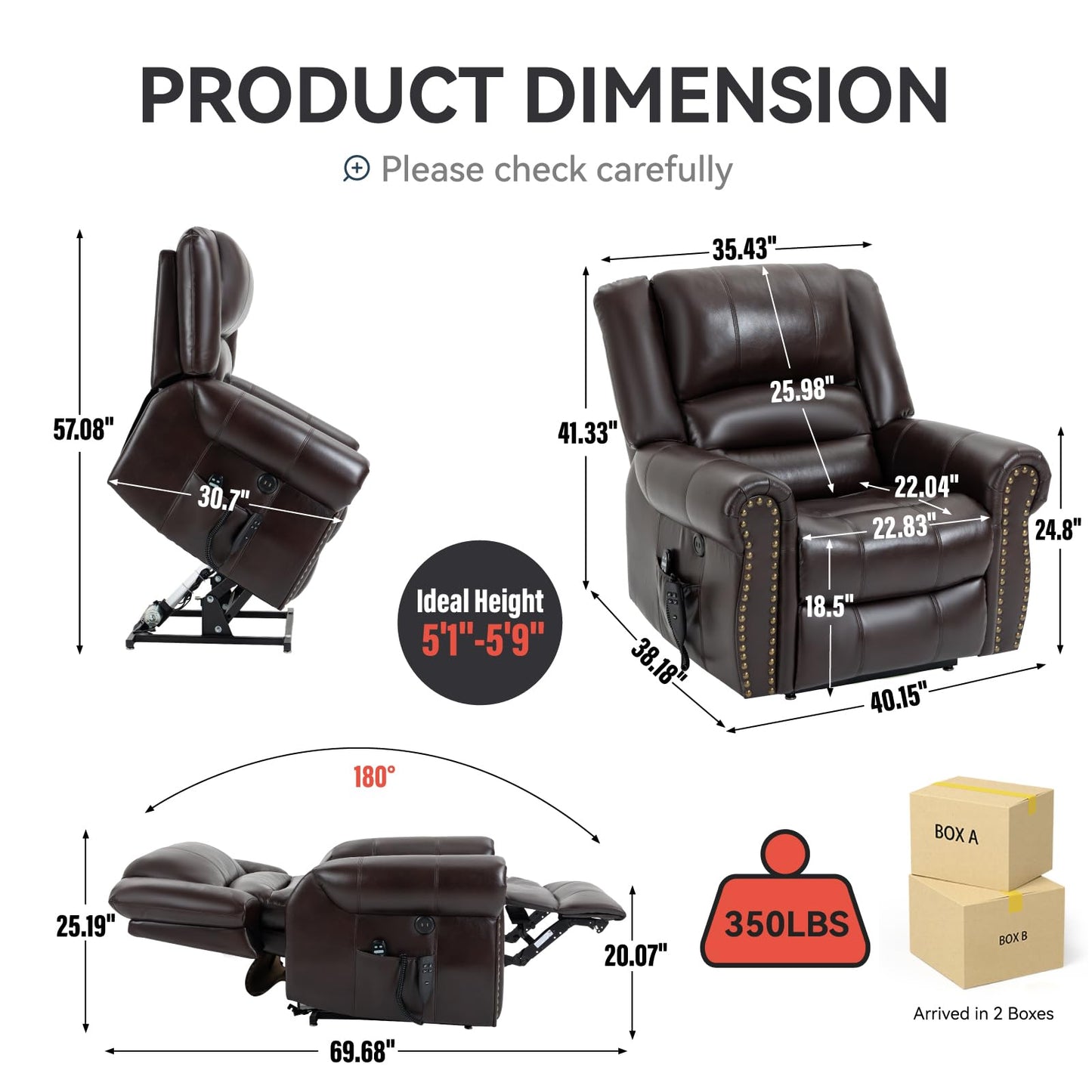 KEIKI Oversized Power Lift Recliner Rocking Chair for Adults, Faux Leather Mid Century Modern Accent Chair with Back Message & Heat USB Port, Adjustable Home Theater Seating for Living, Antique Brown