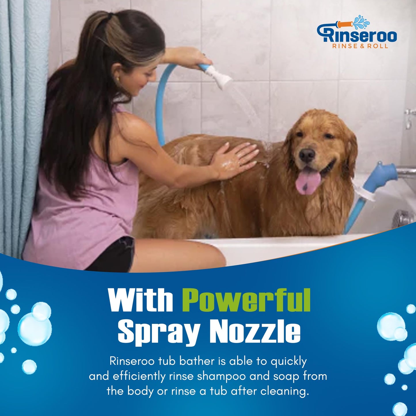 Rinseroo Ultra-Flex Slip-on Dog Shower Hose Adapter, Portable Hose Attachment with Sprayer Pet Shower Head Attachment Tub Spout 5 Foot Hose, No Installation for Quick Rinsing
