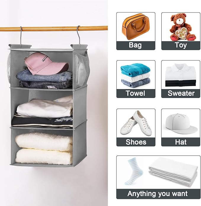MAX Houser 3 Tier Shelf Hanging Closet Organizer, Space Saver, Closet Hanging