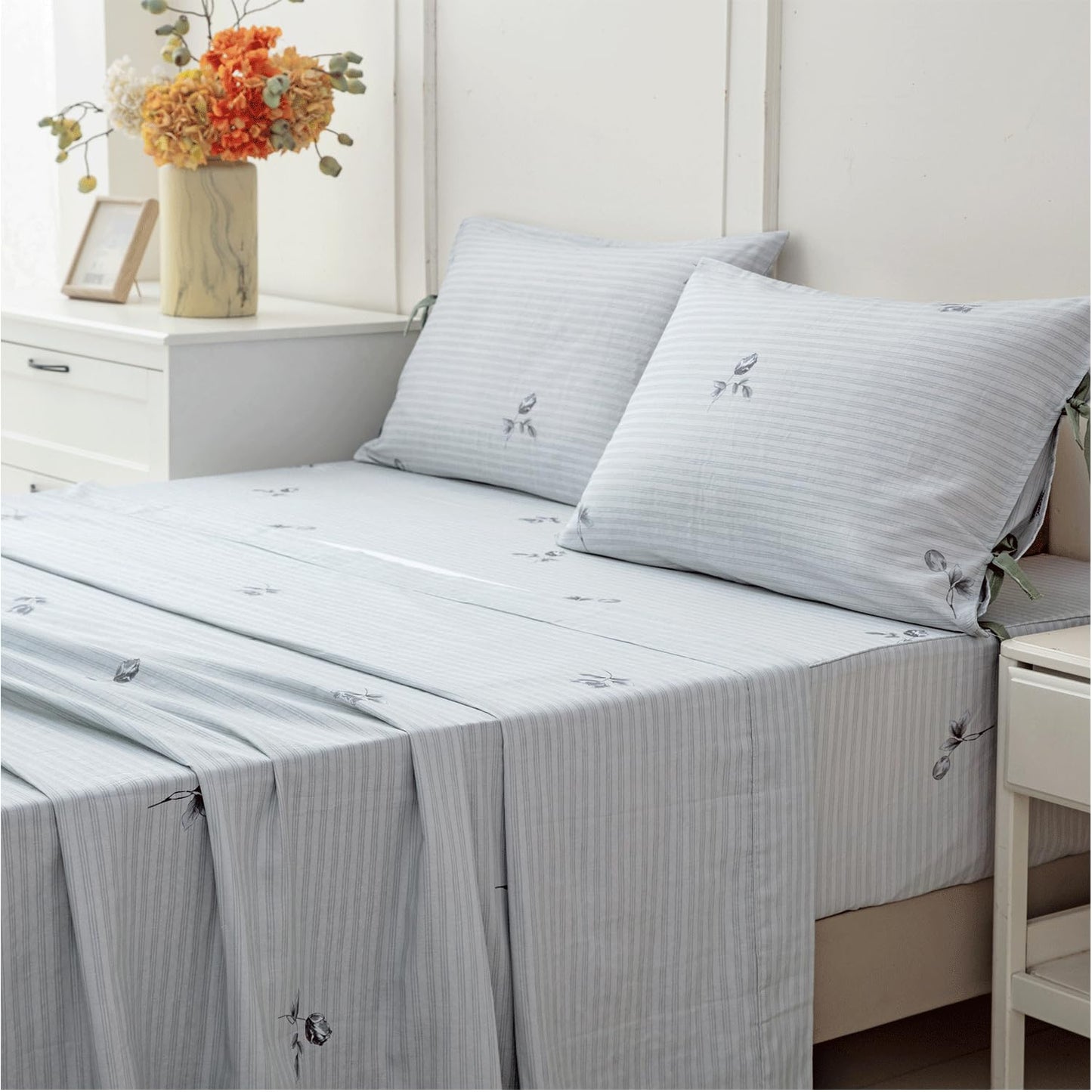 FADFAY 100% Cotton Double Gauze Muslin Sheet Set, Gray Striped Floral Bed Sheets with Bow Tie Detail, Ultra Soft Breathable Cooling Sheets, Deep Pocket Luxury 4 Piece Bedding Set，Twin