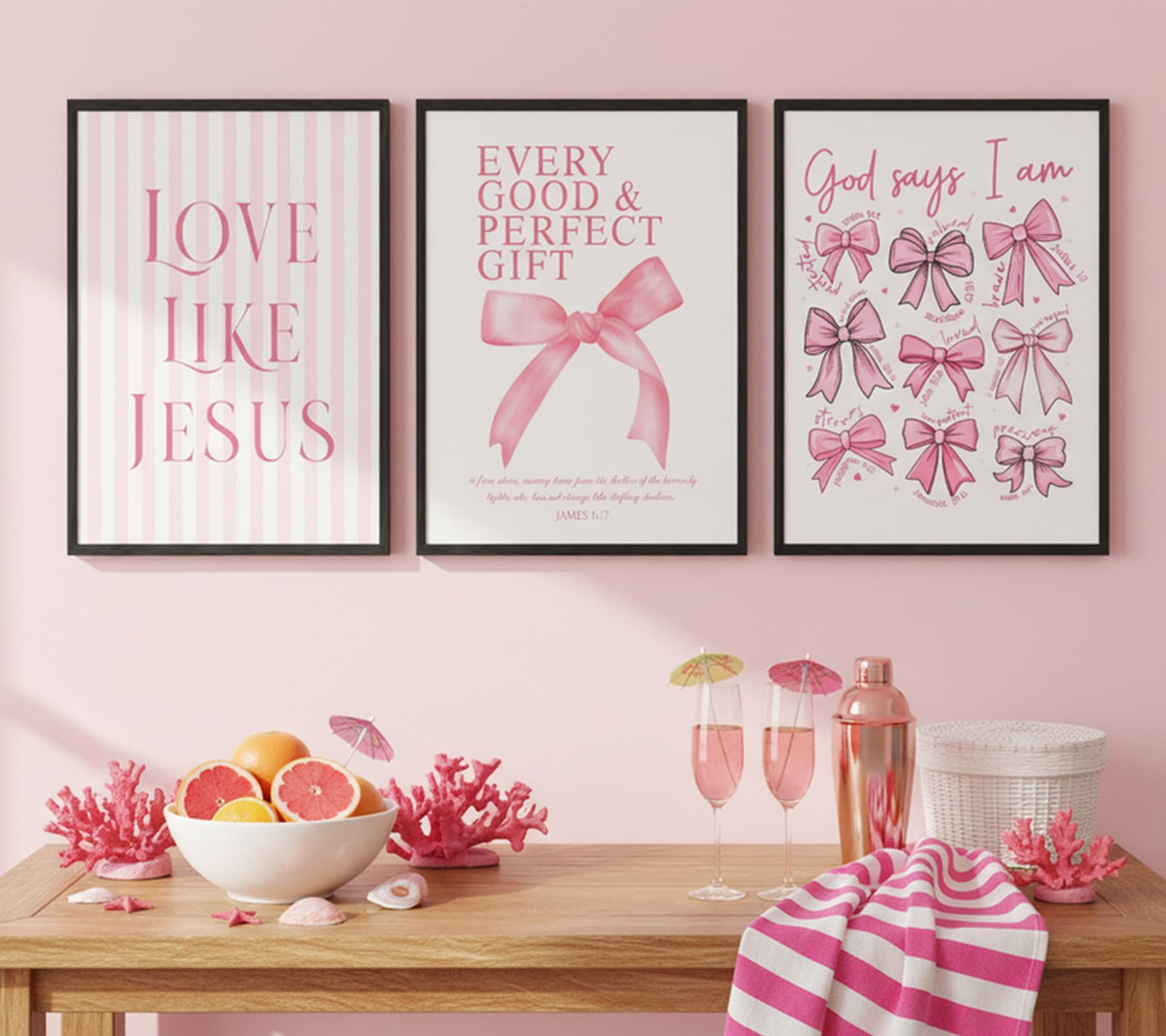 3Pcs Pink Bow Canvas Wall Art, Coquette Preppy Painting Pictures Wall Decor, Christian Inspirational Bible Posters Print Artwork for Girls Dorm Room, Apartment, Home Decoration 16x24 Unframed
