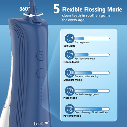Leominor Water Dental Flosser - 5 Modes Cordless Portable Oral Irrigator, IPX7 Waterproof, Rechargeable Teeth Cleaner Upgrade Datchable Tank Professional Flossing Cleaning Pick for Home Travel (Black)