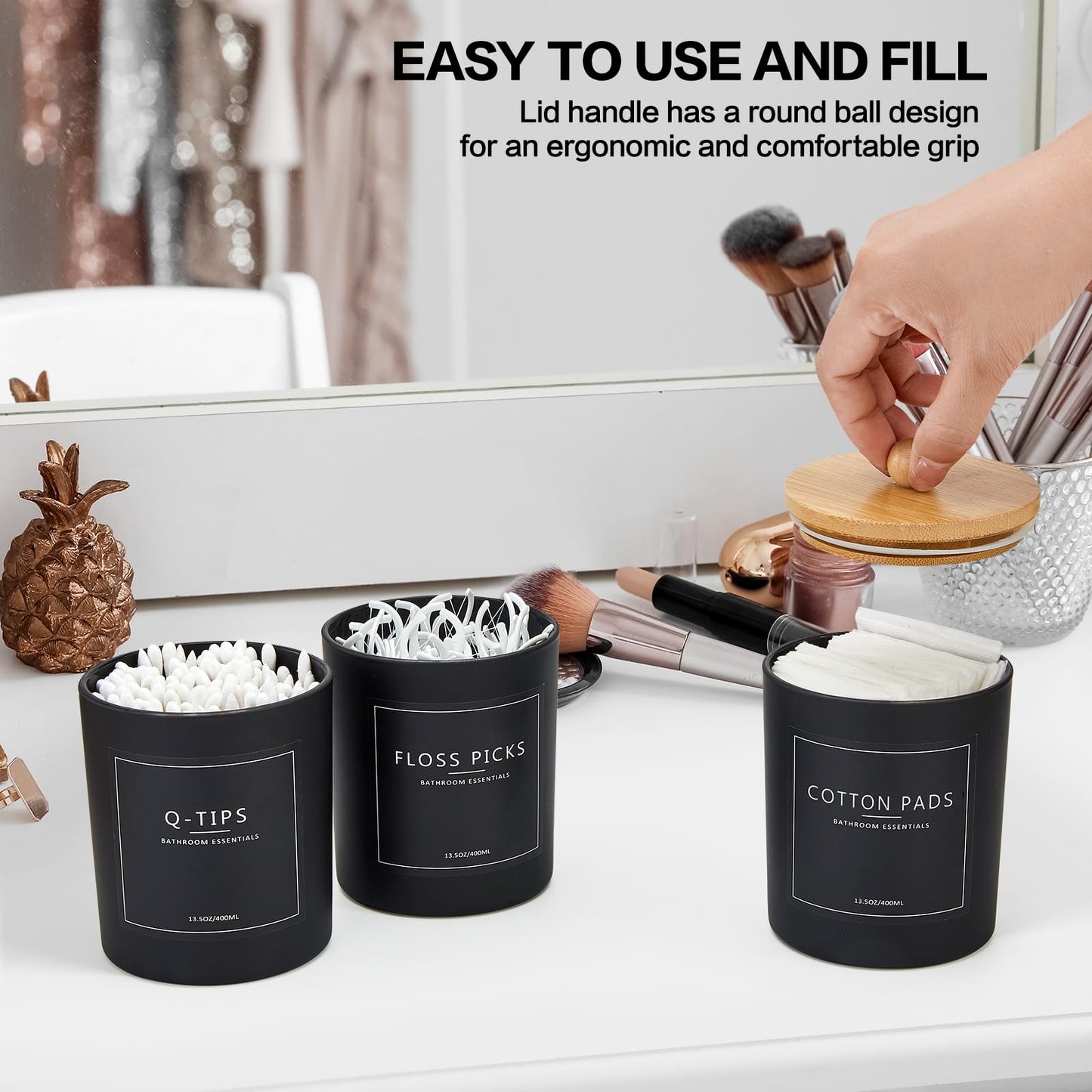 3 Pack Qtip Holder Bathroom Set with Tray,13.5oz Cotton Round Ball Pad Holder Cotton Swab Floss Pick Dispenser,Bathroom Organizers and Storage Container,Glass Apothecary Jars Canisters with Lids-Black