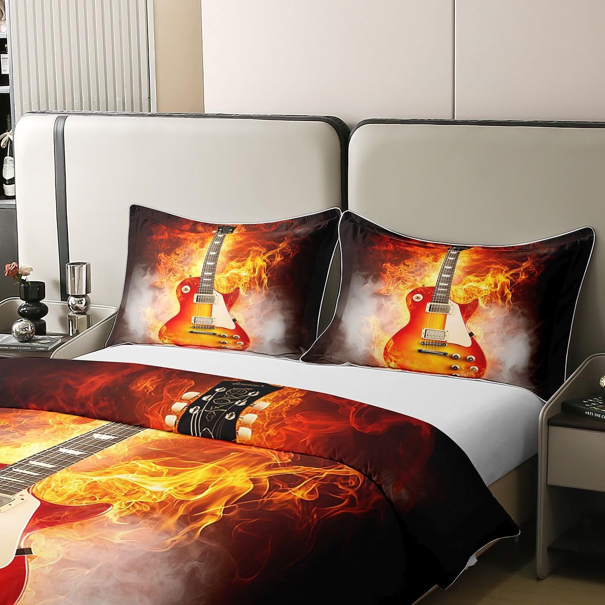 100% Cotton Guitar Comforter Cover Twin Size Rock Music Duvet Cover Electric Guitar Bedding Set Flame Pattern Quilt Cover for Kids Boys Girls Teens Young Man, Brown Bedroom Living Room Decor