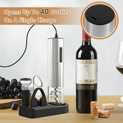Electric Wine Opener - 5 Piece Set with Storage Base,Foil Cutter,Aerating Pourer & Vacuum Stoppers | USB-C Rechargeable | 40+ Opens Per Charge | Wine Opener Gift for Wine Lovers